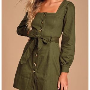 Olive green long sleeve button-up mini dress